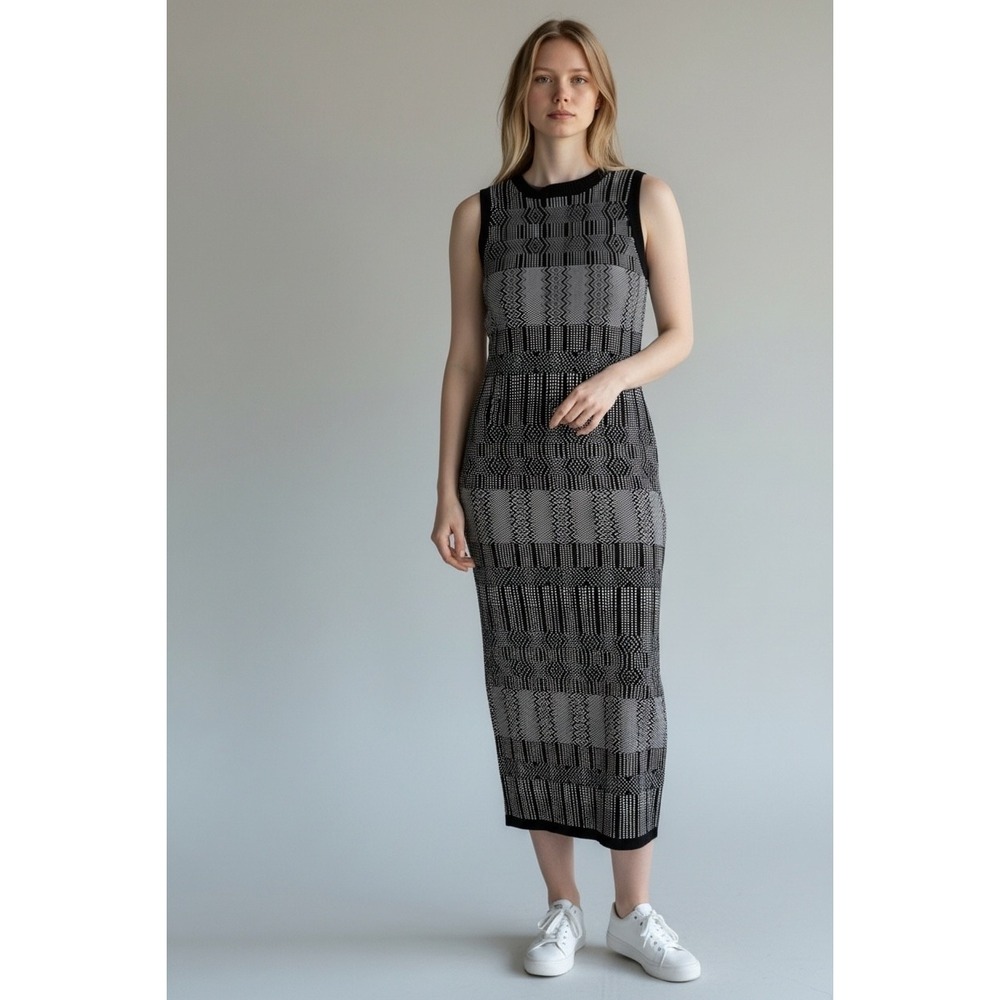 Lauren Ralph Lauren Black White Geometric Jacquard Knit Sleeveless Maxi Dress M